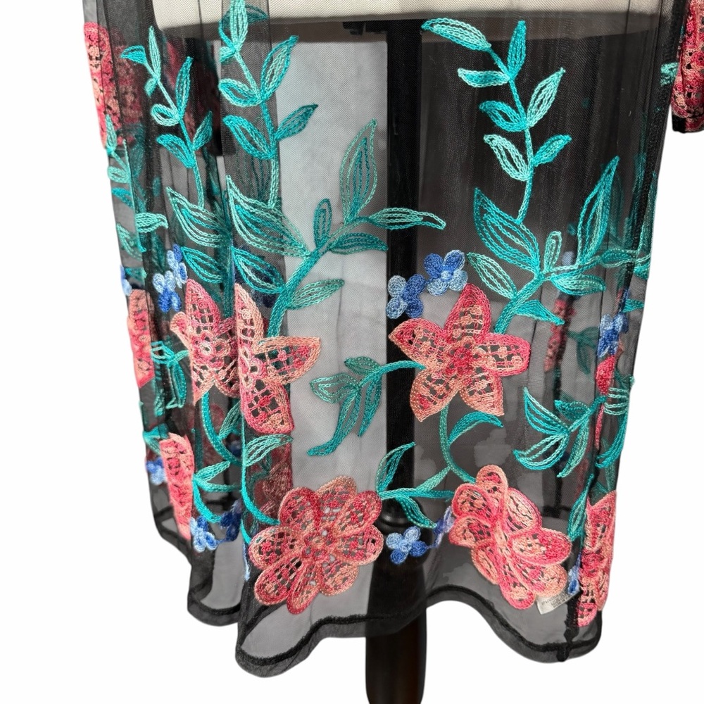 Janice Apparel Duster O/S Black Sheer Embroidered Boho Kimono Cover Up - Picture 4 of 6